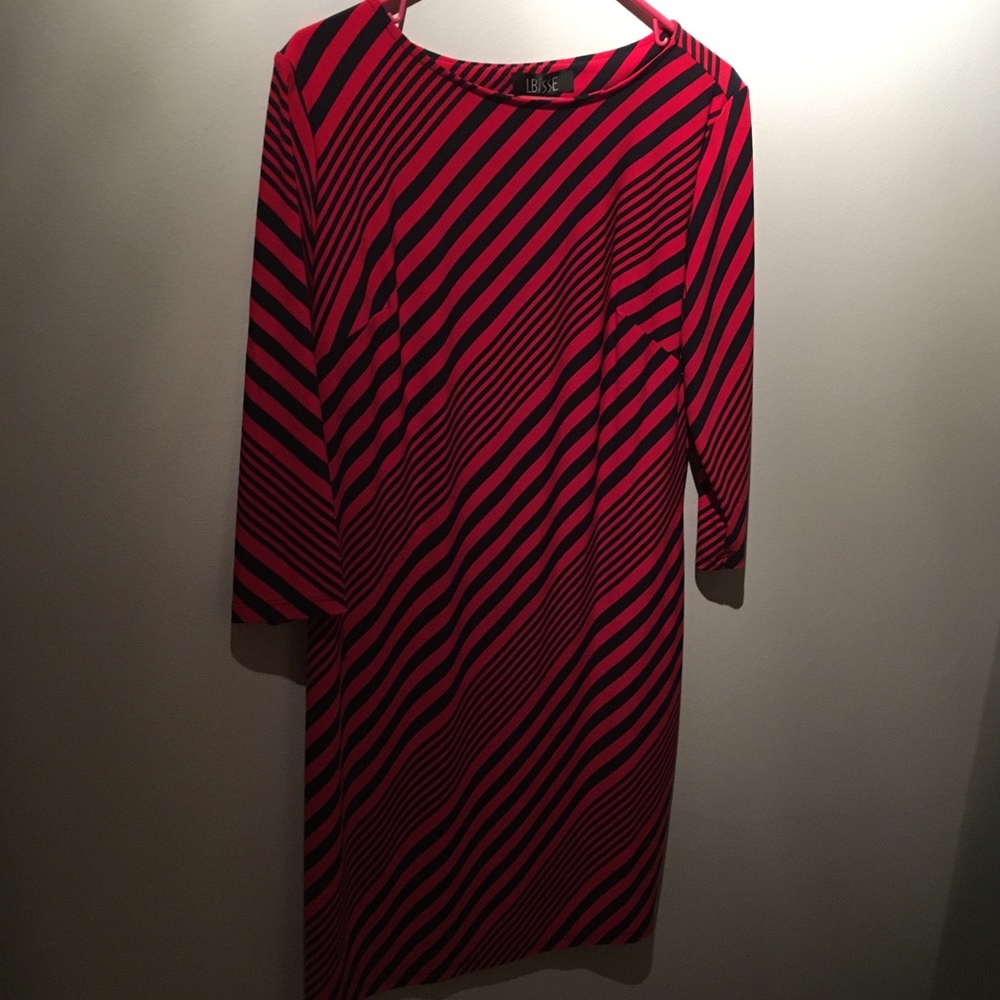 Red and navy striped shirt dress